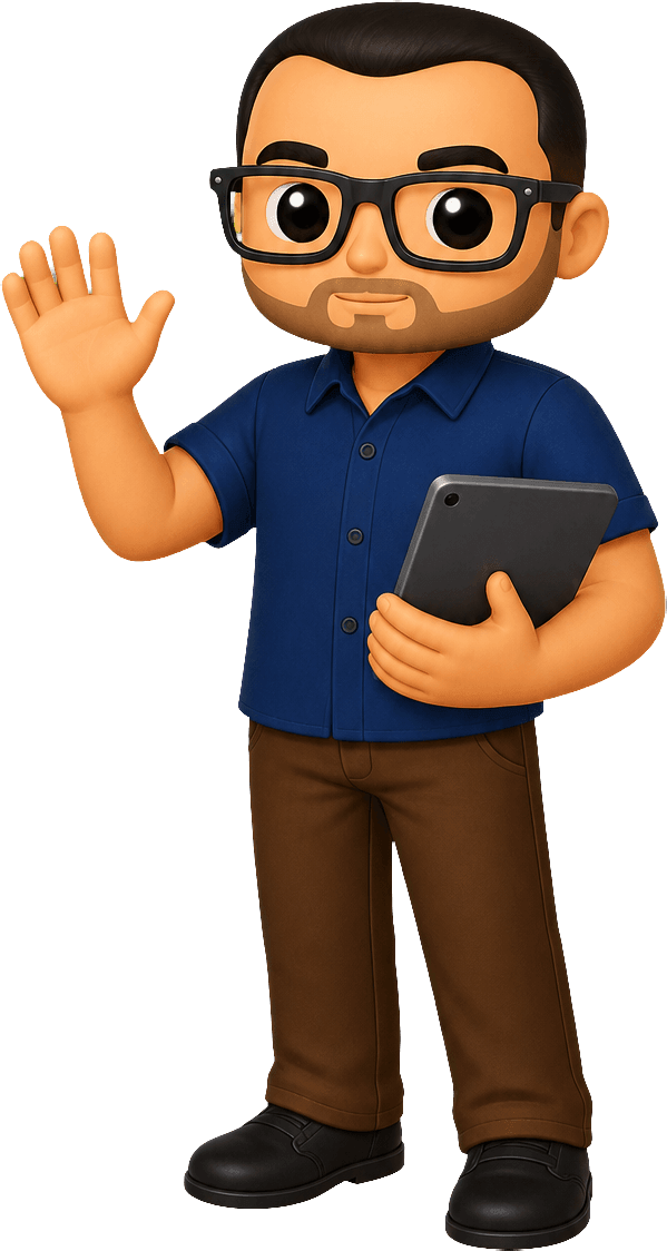 Mascotte accueillante avec une tablette pour prendre contact